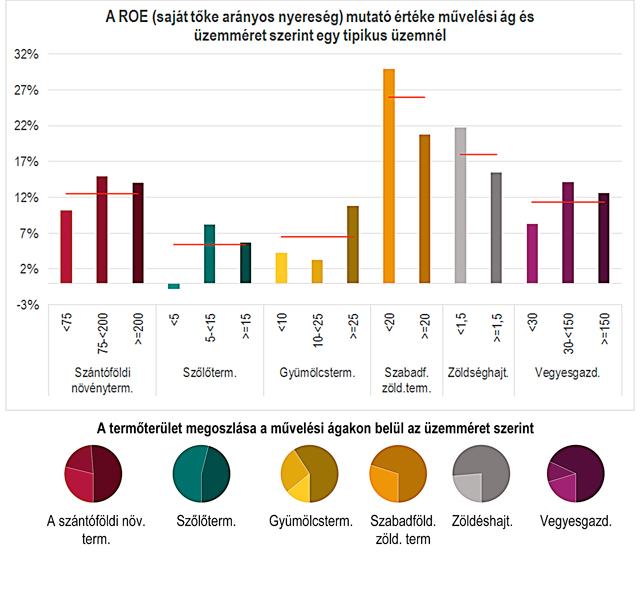 4.4. ábra A ROE mutató értéke a különböző növénytermesztési ágak esetében üzemméret szerint illetve a különböző növénytermesztési ágak esetében a használt terület megoszlása az üzem típusok között méret szerint (2014) (Forrás: FADN)