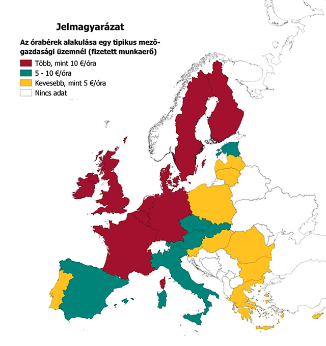 5.2. térkép. A fizetett munkaerőnél alkalmazott órabérek alakulása egy tipikus mezőgazdasági üzemnél Európa országaiban (Forrás: FADN)
