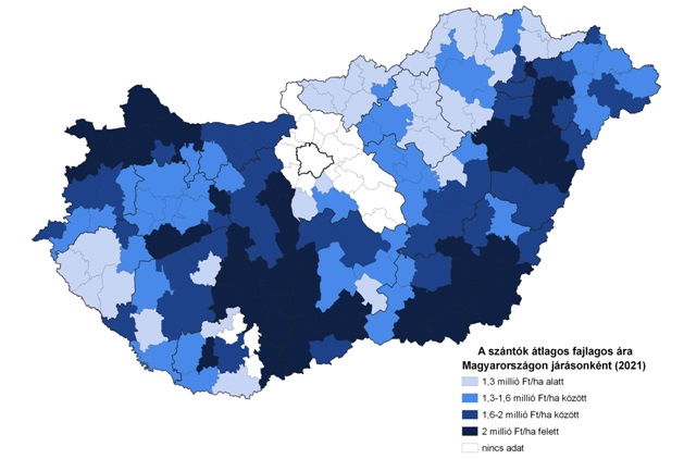 1. térkép: A szántóföldek átlagárai 2021-ben Magyarországon járásonként (Forrás: TAKARÉK Termőföldindex)